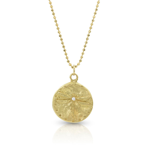 Dominique Cohen diamond-kissed dragonfly round pendant necklace, in 18k rose gold <span class='visuallyhidden'>Call, text 323-404-2959 for shopping help.</span>